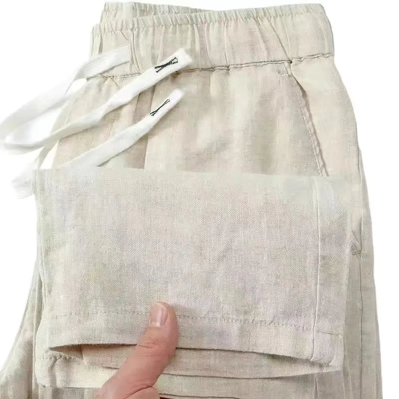 Pure linen Chinese style trousers with drawstring waist in straight leg cut available in multiple colours