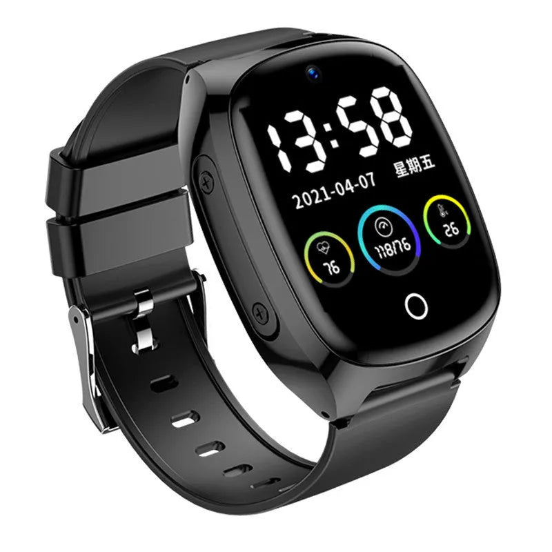 Black GPS tracker smartwatch with 1.54-inch touch screen showing location interface