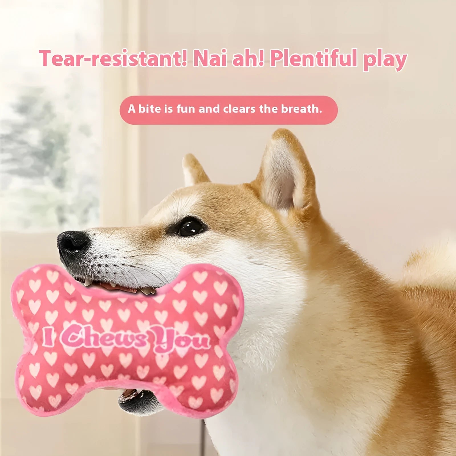 Soft plush dog dental chew toy in peach heart pink colour with textured surface for tooth cleaning.