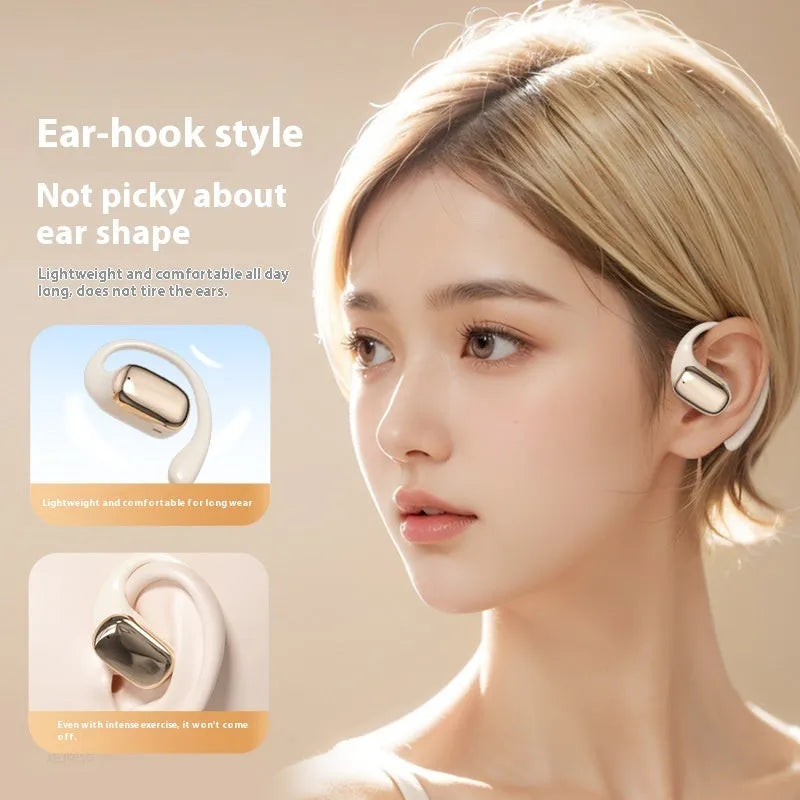 Ear-mounted wireless headphones with digital display screen in black, white, or skin colour