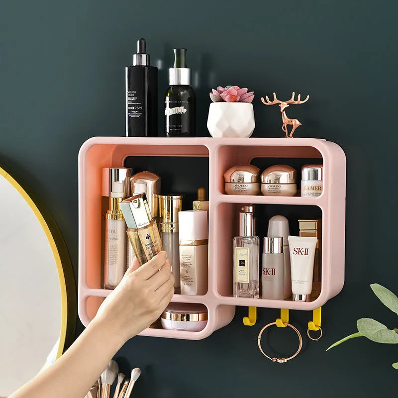 Plastic dust-proof wall shelf in white storing cosmetics and small items, 36.2x27.2x9.3cm