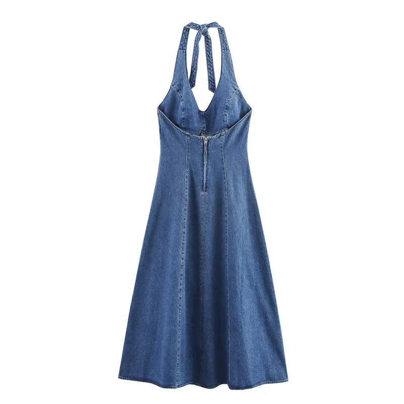 Off-the-shoulder backless denim dress with lace-up back halter neck A-line silhouette women polyester picture colour