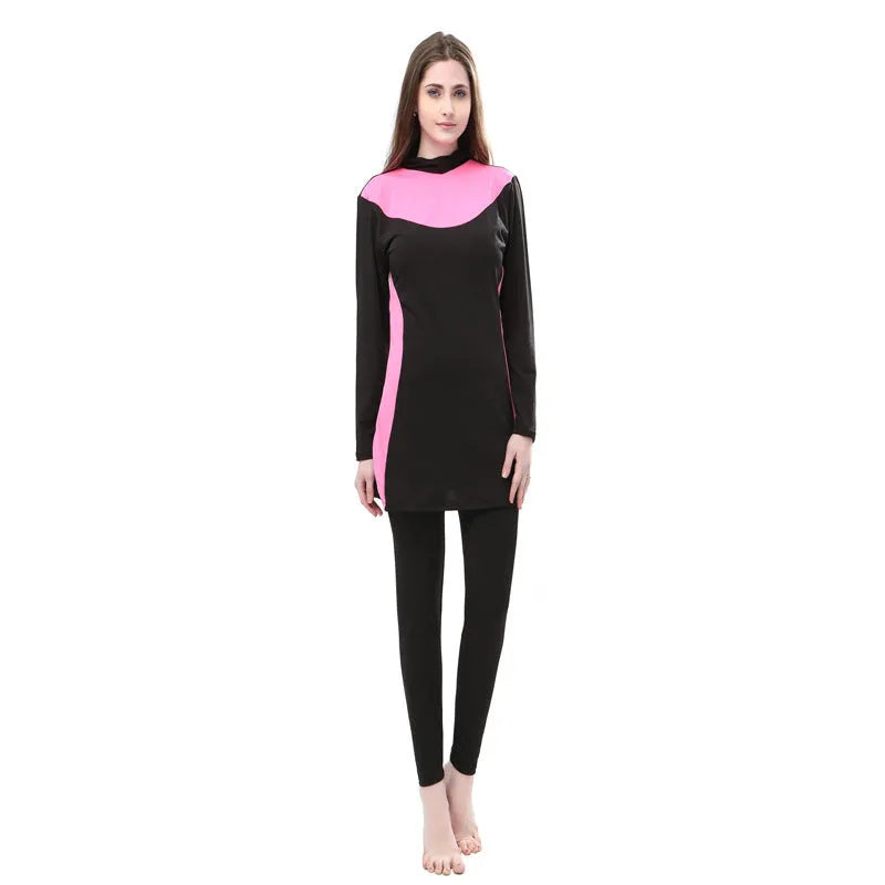Conservative women's hooded swimsuit with long sleeves in black and rose red.