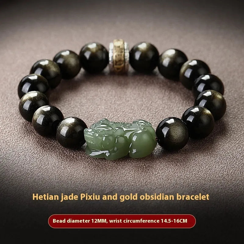 Natural Rainbow Eye Obsidian bracelet with crystal and stone beads in gold or jade colours.