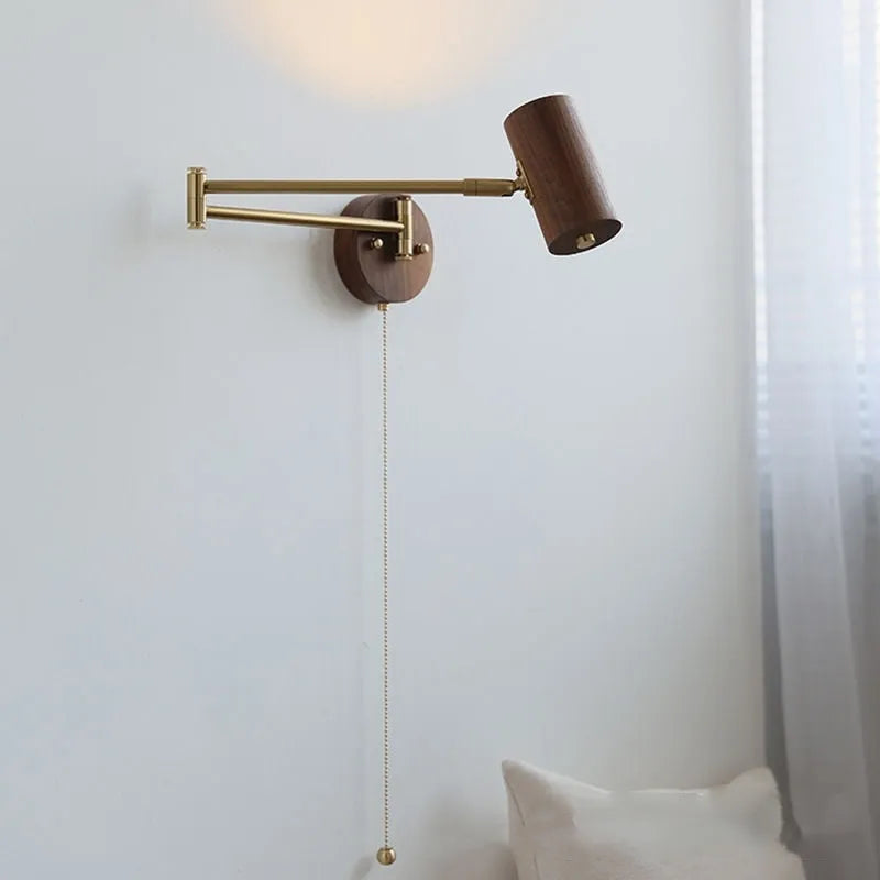 Retro industrial rotating wall lamp with long adjustable arm and integrated wall switch in walnut colour finish