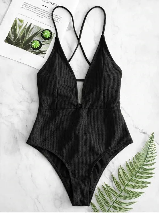Women's one-piece swimsuit, solid colour backless lace-up design, black or olive green, sizes S to XL