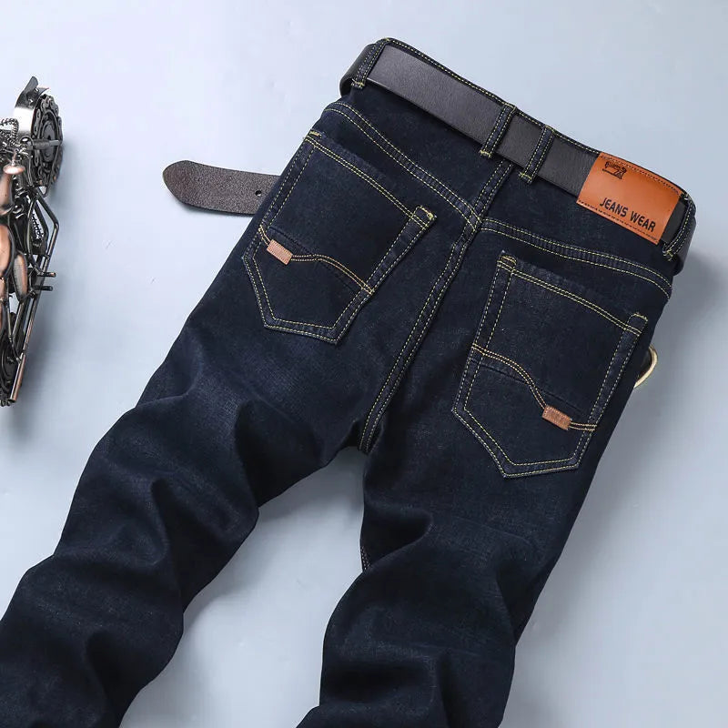 Men's stretch ice silk denim jeans loose straight cut high waist summer casual blue black