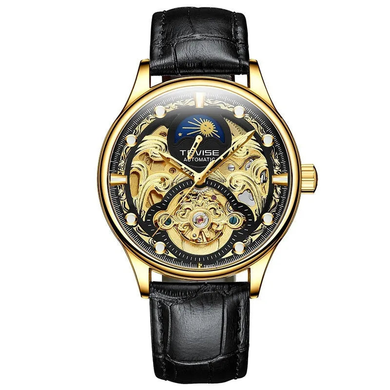 Men's gold and white leather strap automatic waterproof mechanical watch