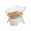 Plastic pet bowl with high feet and non-slip base, oblique mouth shape, transparent double bowl or white colour option