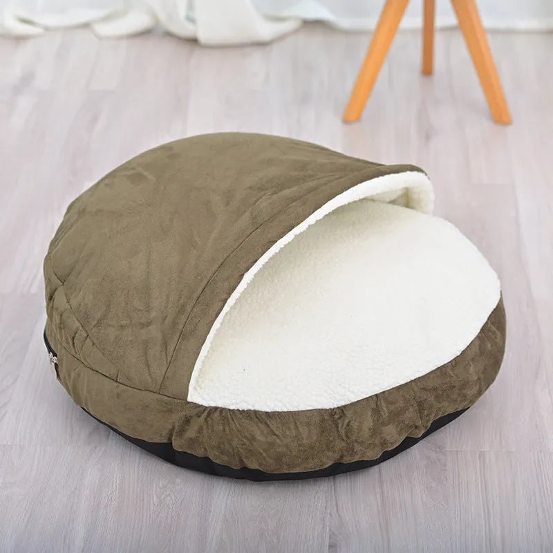 Brown removable cloth dog kennel bed shown next to a grey version, both in small and medium sizes.