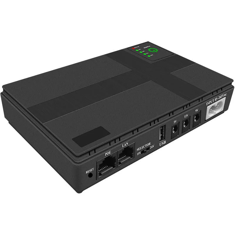 Black miniUPS for router backup with 8800mAh capacity and compact 160x105x33mm size