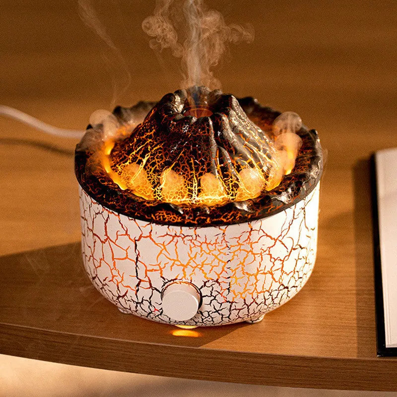 Volcano-shaped humidifier diffuser with LED flame lighting effect emitting mist puffs