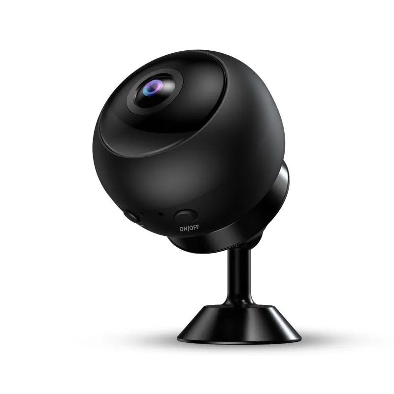1080p wireless WiFi security camera with ABS housing and USB cable on a white background.