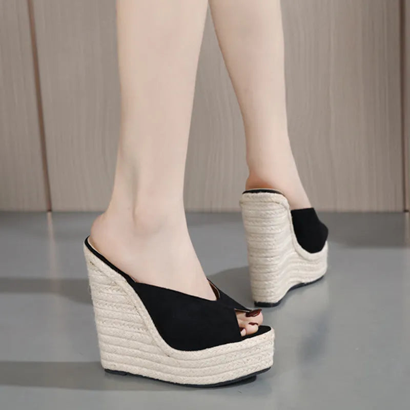 Women's black suede open toe high heel sandals with PU lining and rubber sole, sizes 35-42