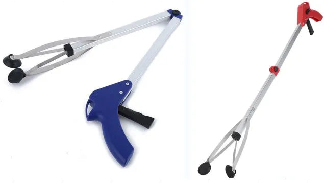Aluminum alloy folding garbage clip with rubber chuck, extended to 81 cm, on a light background