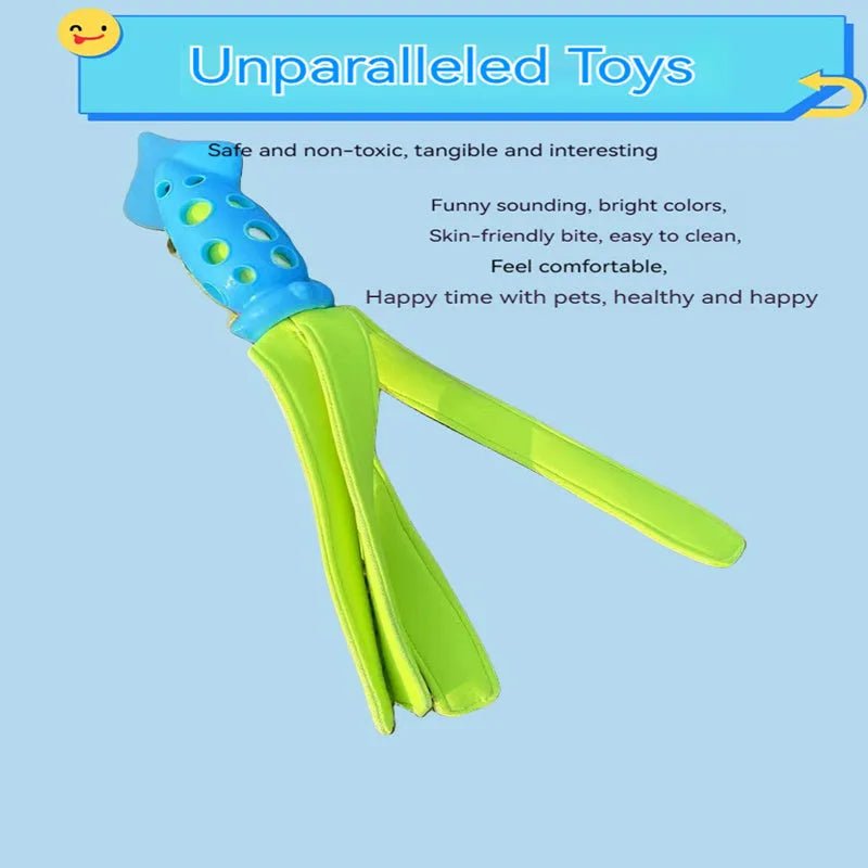 Blue squid-shaped dog chew toy with rubber tentacles and waterproof cloth elements measuring approximately 39cm
