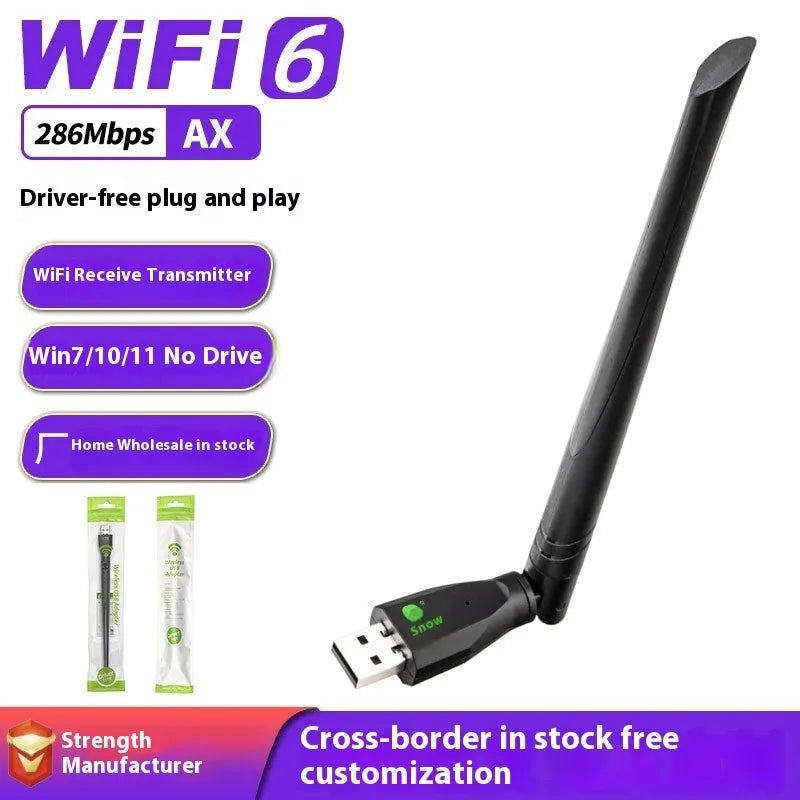 Black USB WiFi 6 wireless network card for desktop and laptop computers.