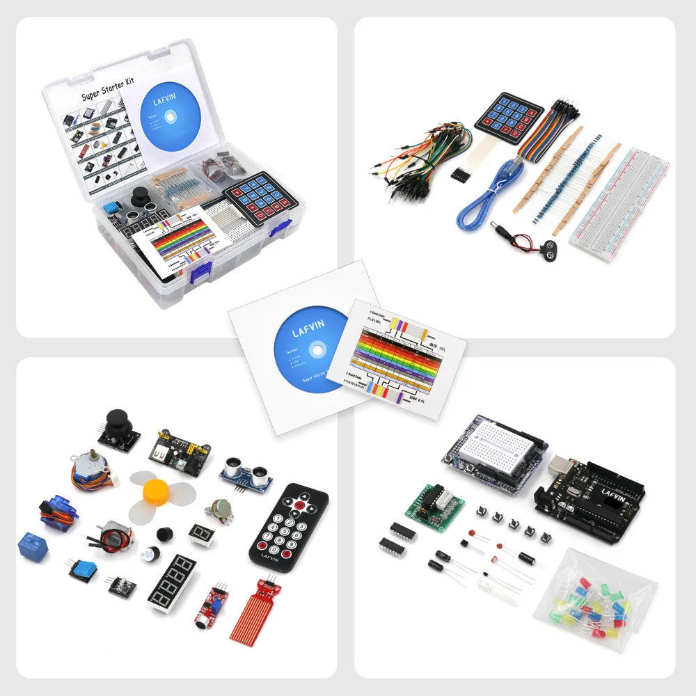 Arduino R3 starter kit with blue UNO board, breadboard, sensors, motors and electronic components