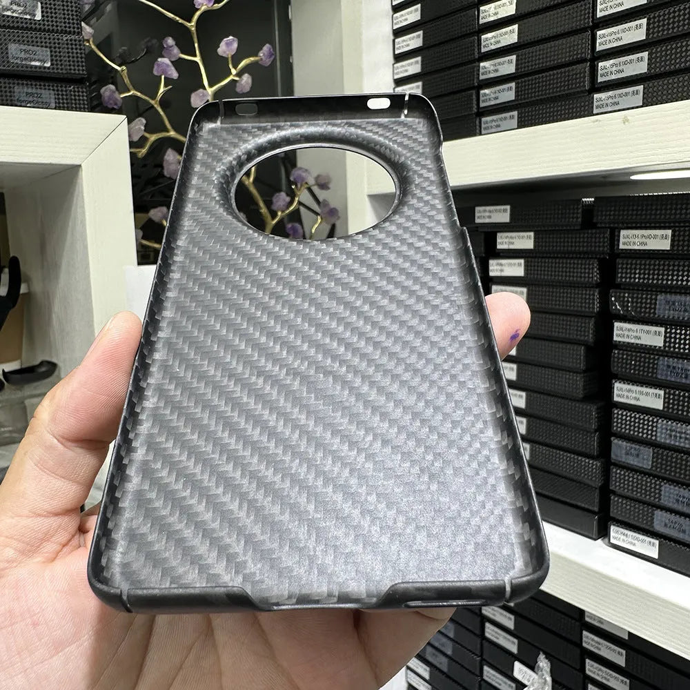 Carbon fibre phone shell for Huawei Mate60 Pro with forged pattern in black, heat dissipation hard case