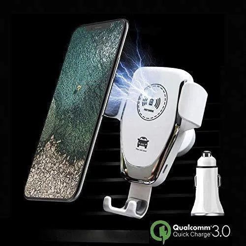 Black car wireless charger mount holding an iPhone on a car ventilation vent