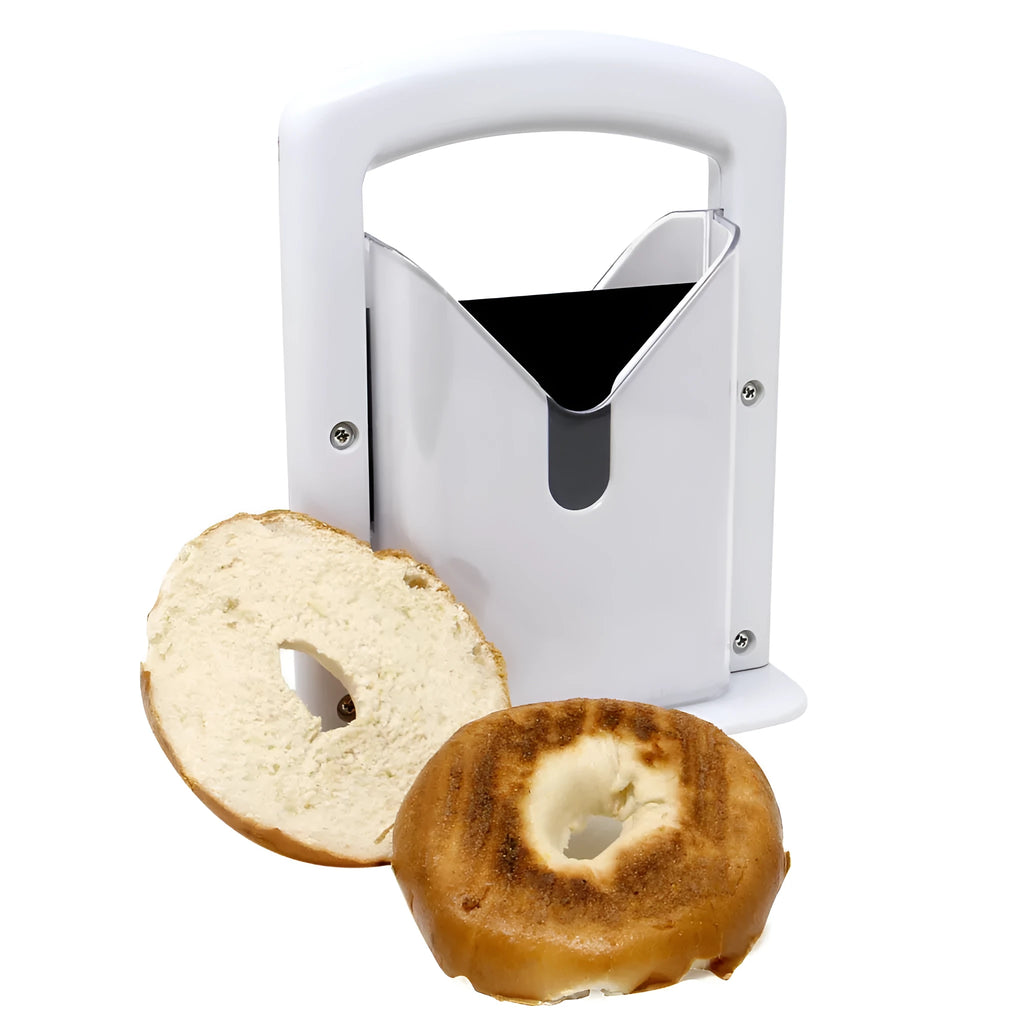 White plastic bagel guillotine slicer with clear acrylic safety shields and stainless steel serrated blade