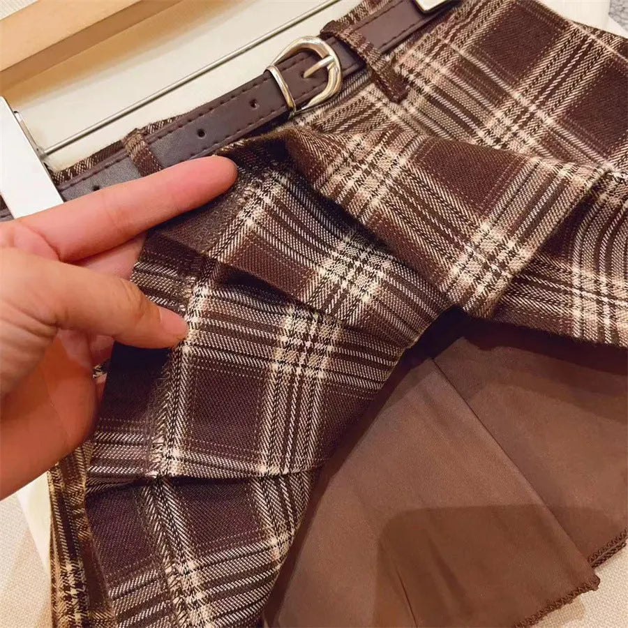 Girls' plaid pleated A-line skirt in cotton blend fabric for heights 90cm to 140cm