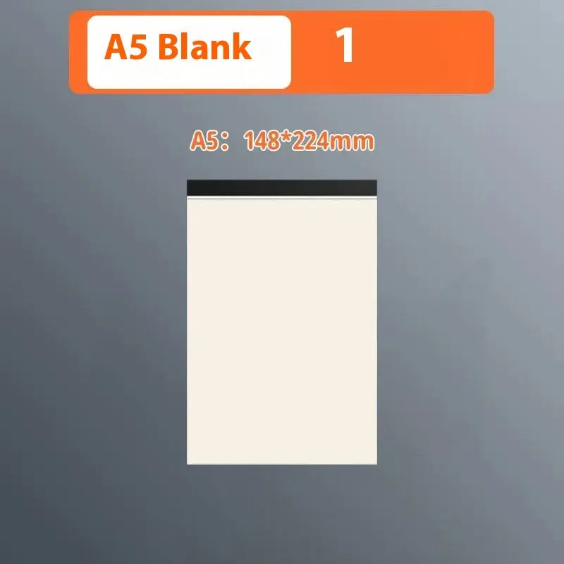 Set of A5, B5 and A4 writing pads showing blank, grid and horizontal line page styles.