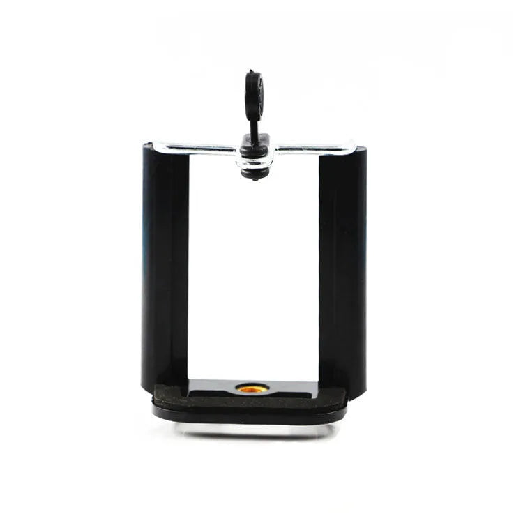 Black plastic U-clip mobile phone holder for mounting on tubes and pipes.
