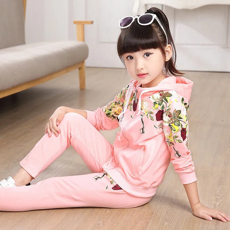 Children's pink hooded tracksuit set with long sleeves and matching trousers for age 8 plus.