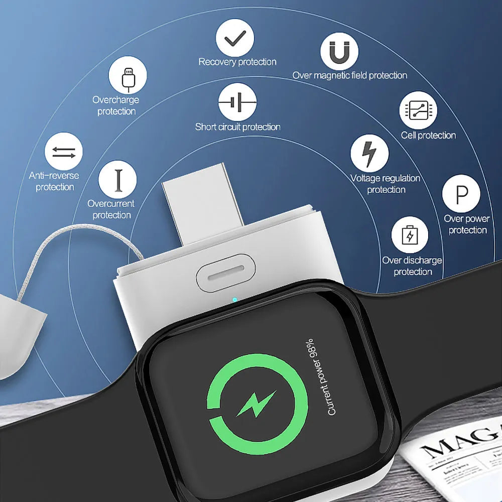 White 1000mAh magnetic wireless power bank for Apple Watch, showing compact size.