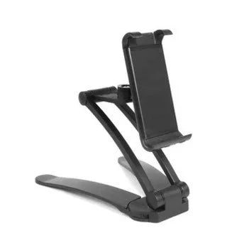 Silver aluminum desktop tablet stand holding a tablet, showing its adjustable clips and 360-degree rotation.