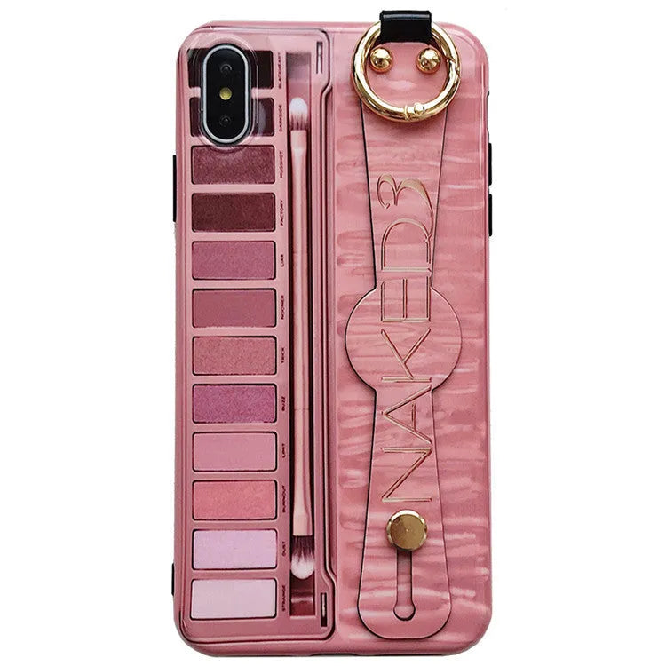 Rose red phone case with wristband and eye shadow box compatible with iPhone 7 8 Plus X XR XS Max