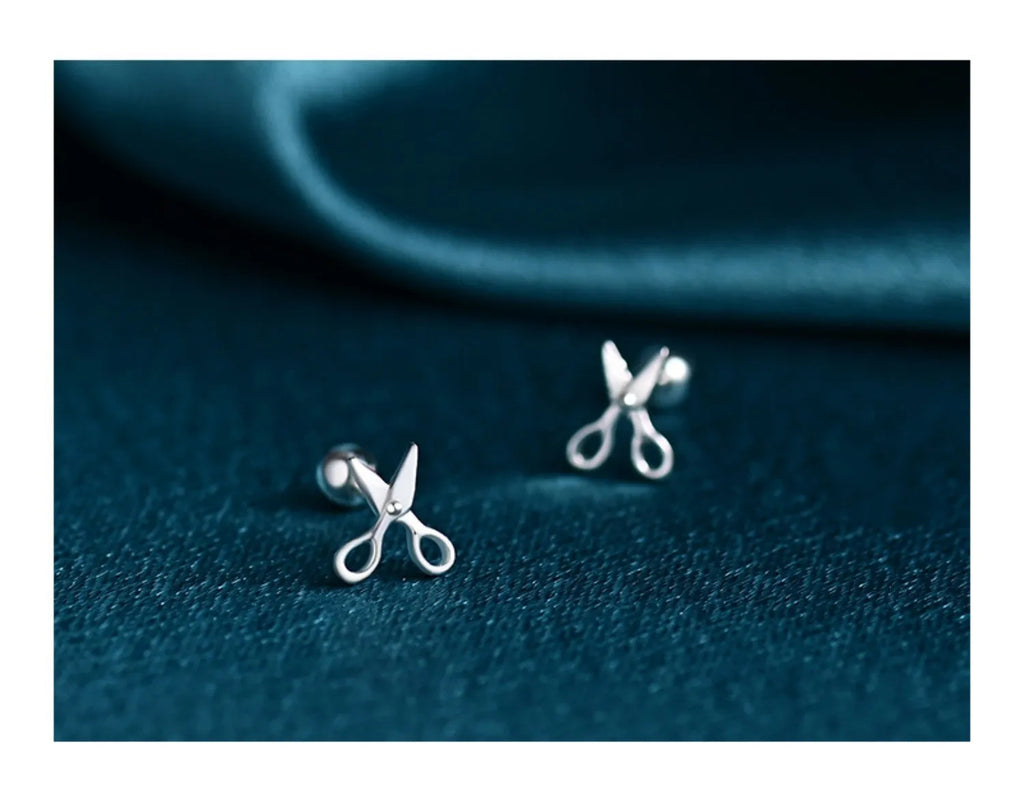 S999 pure silver screw back earrings with mini scissors design for women