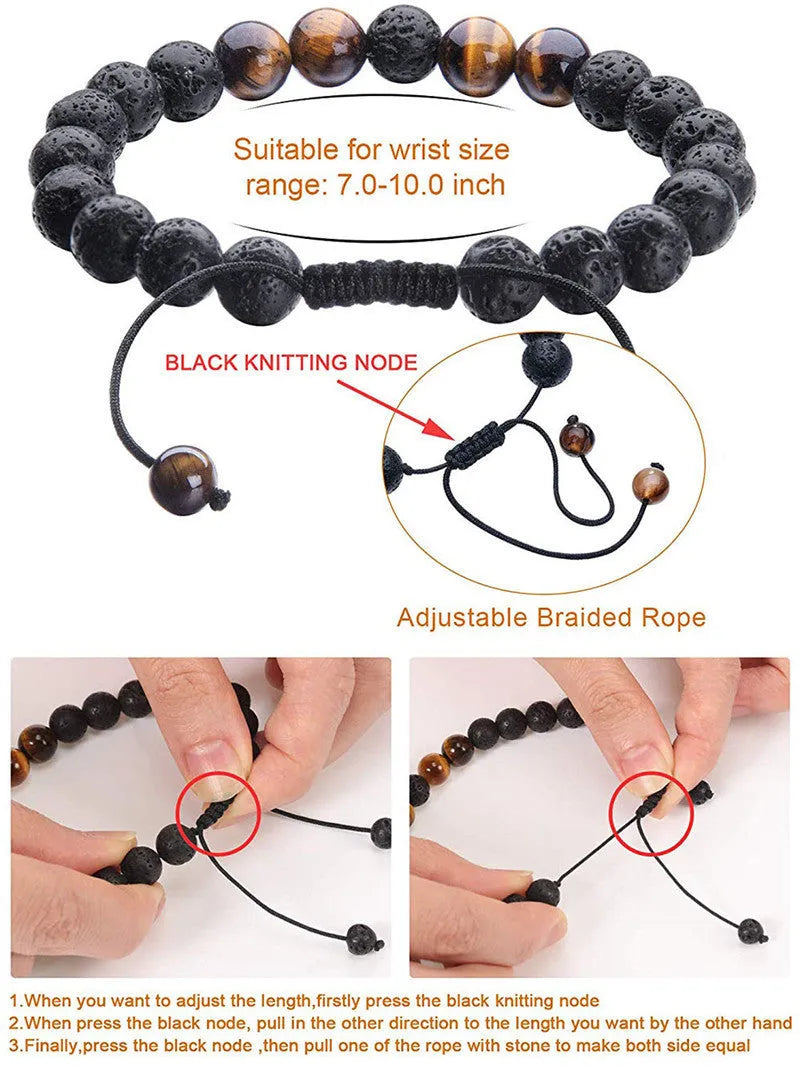 Geometric couple bracelets with tiger eye and matte black agate beads