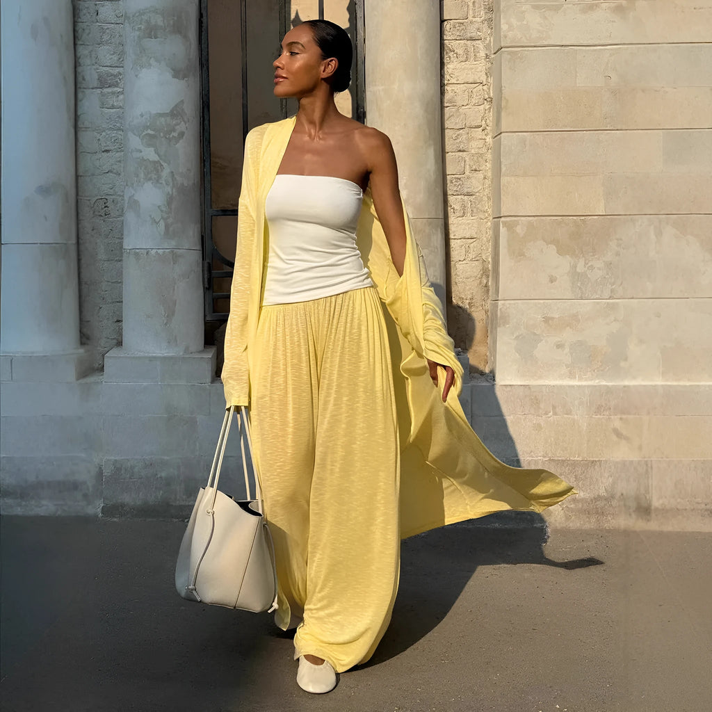 Women's shawl harem pants pyjama set in viscose blend, long sleeve top and pants, available in yellow, white, black