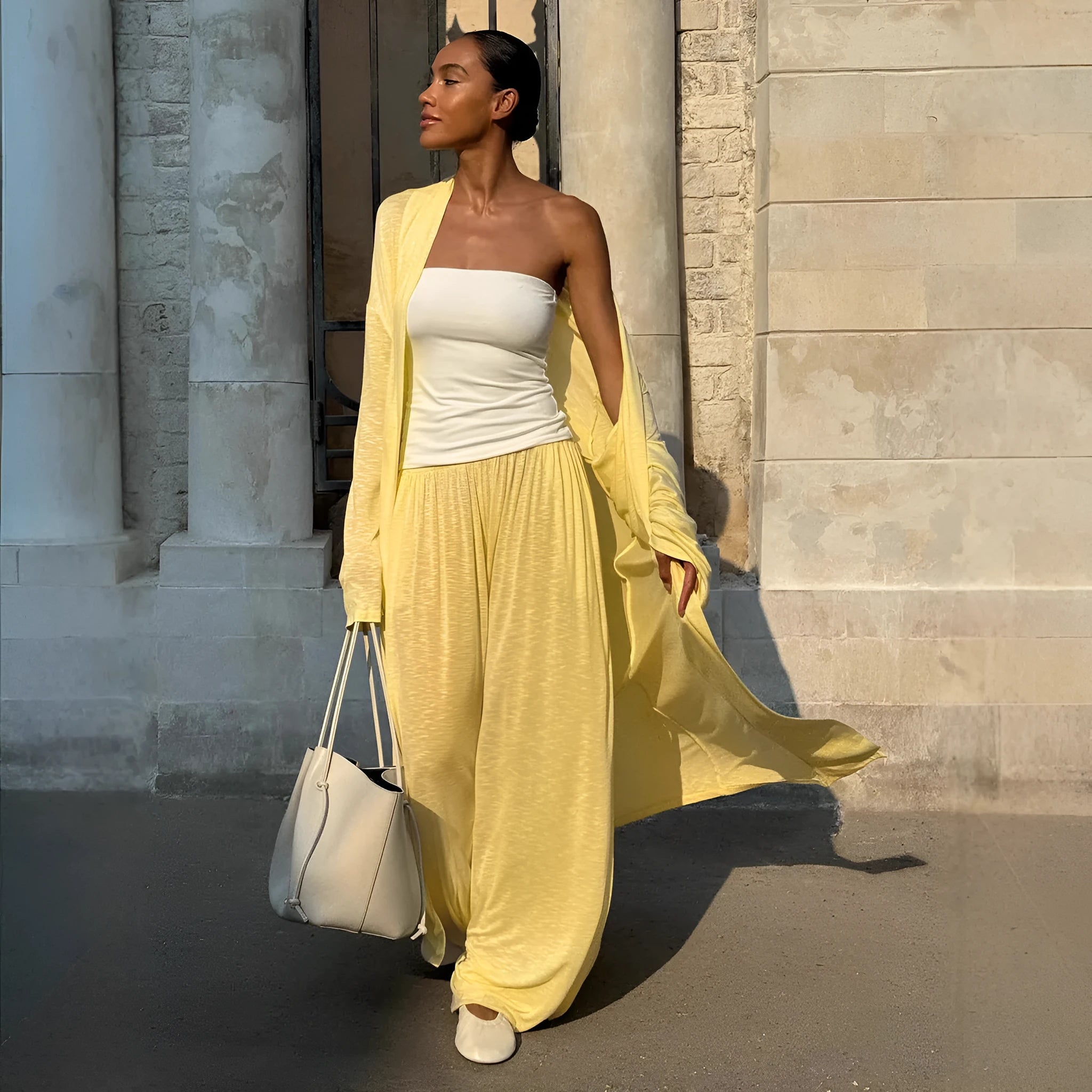 Women's shawl harem pants pyjama set in viscose blend, long sleeve top and pants, available in yellow, white, black