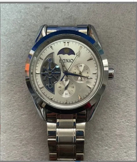 Men's tourbillon automatic mechanical wristwatch with stainless steel band, moon phase, and small seconds display