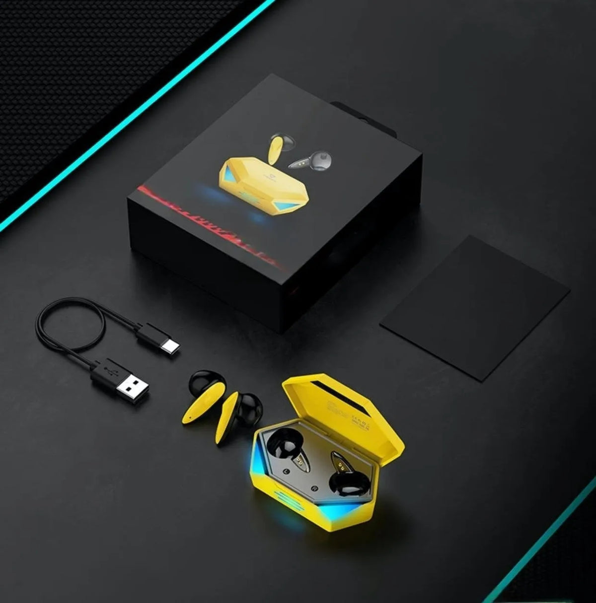 G20 Bluetooth TWS gaming headset with charging compartment, PC ABS sports earplugs, black white yellow