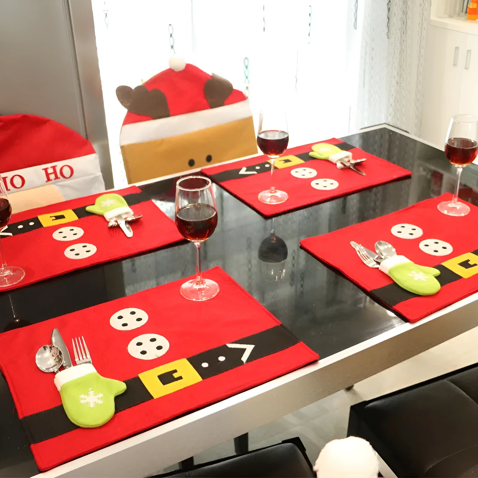 Red brushed fabric Christmas table mat measuring 45cm by 33cm on a dining table