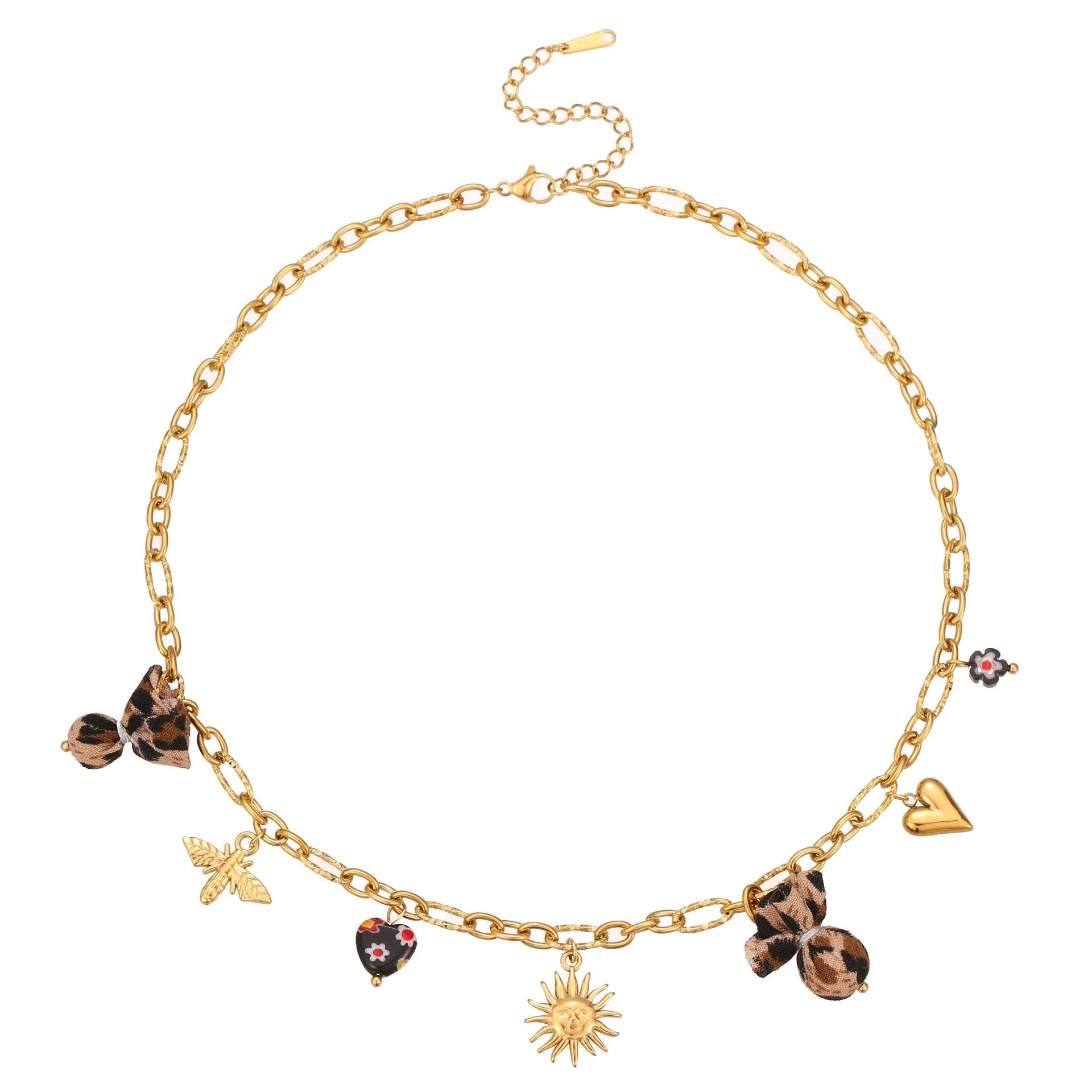 Stainless steel necklace with a geometric leopard pendant and heart and flower accents on an adjustable chain.