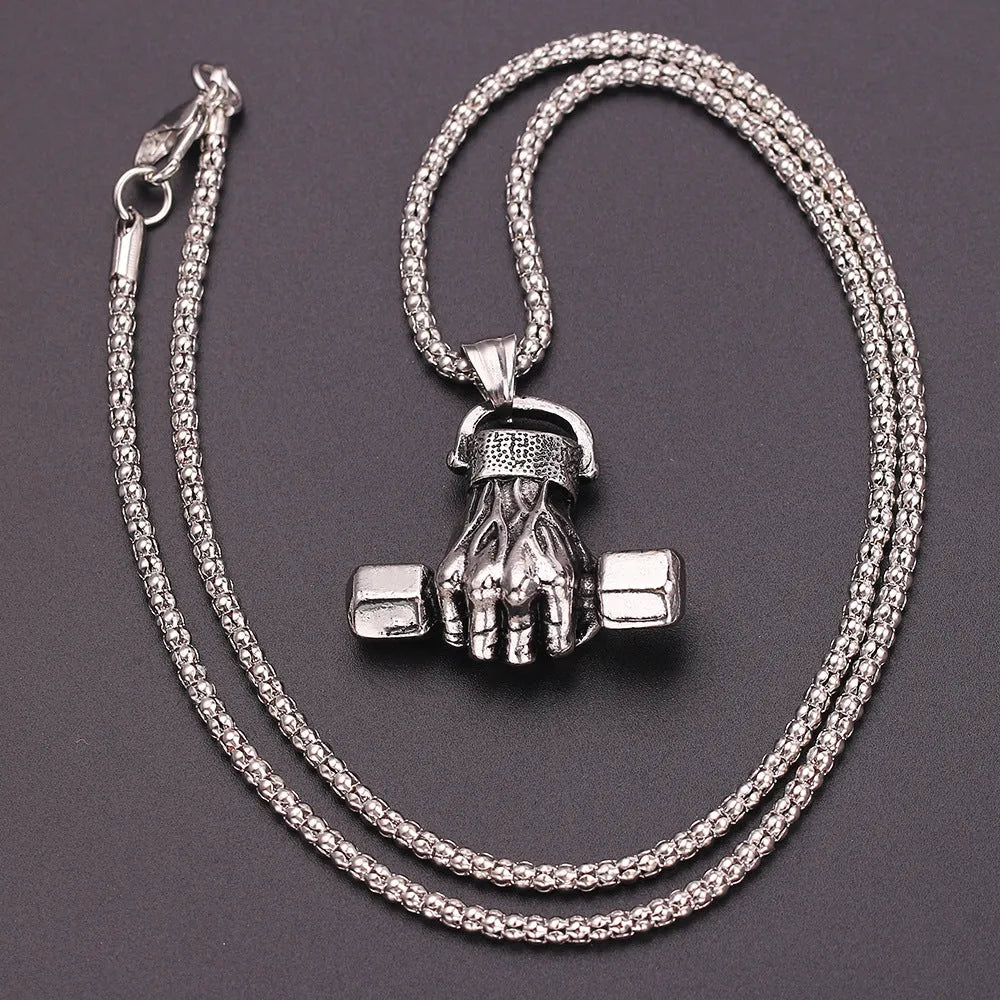 Silver gym dumbbell pendant on snake bone chain necklace unisex alloy electroplated finish
