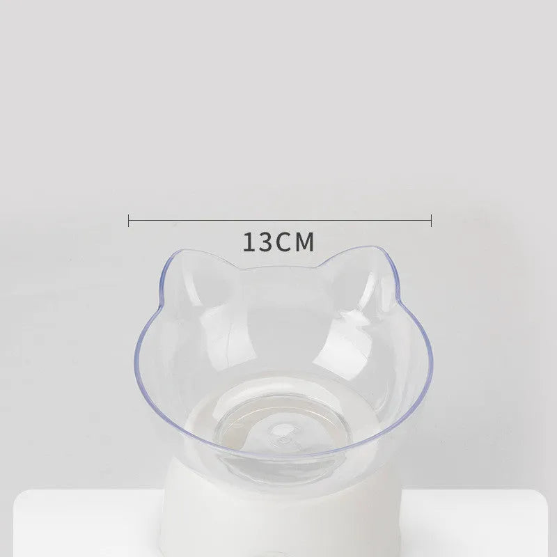 Plastic pet bowl with high feet and non-slip base, oblique mouth shape, transparent double bowl or white colour option