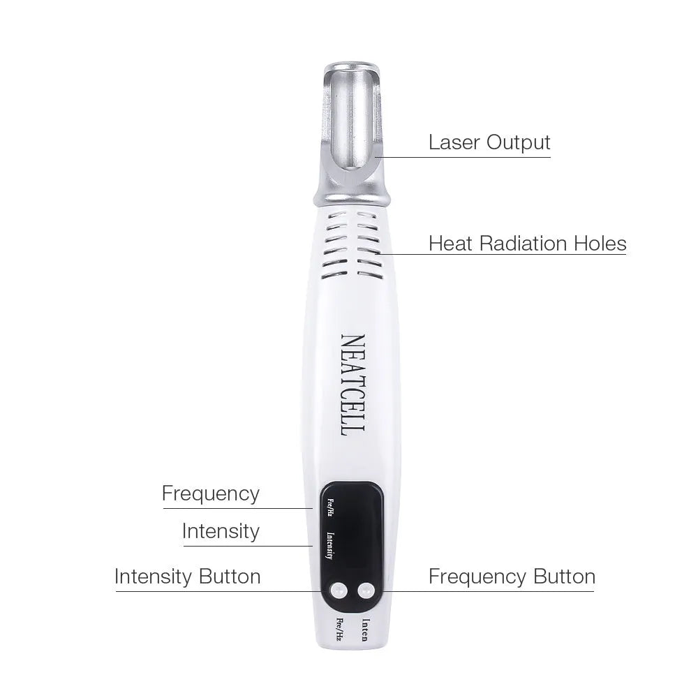 Picosecond laser pen in blue and red colours for tattoo removal and dark spot treatment, with charge cable and safe goggles