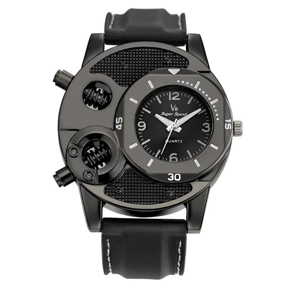 V8 quartz wristwatch with black dial, 43mm metal case, and stainless steel strap on a white background