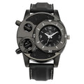 V8 quartz wristwatch with black dial, 43mm metal case, and stainless steel strap on a white background