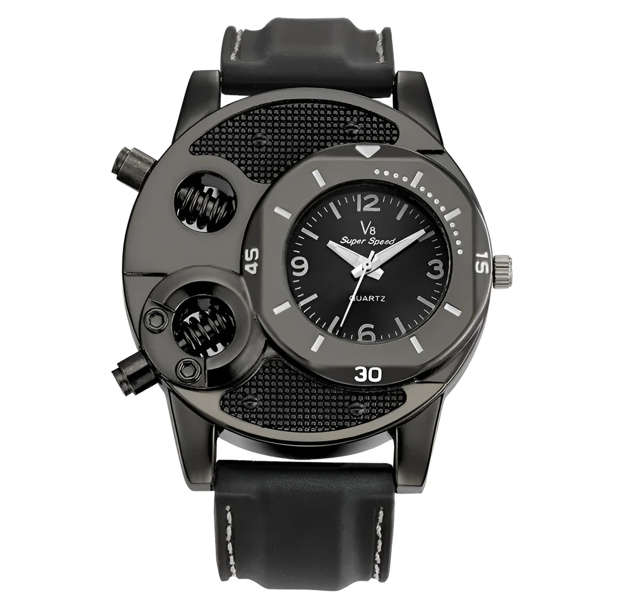 V8 quartz wristwatch with black dial, 43mm metal case, and stainless steel strap on a white background