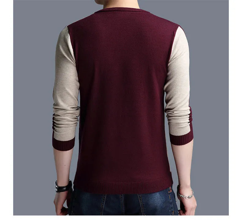 Men's wool crew neck pullover in black, dark blue, and red, sizes M to 3XL