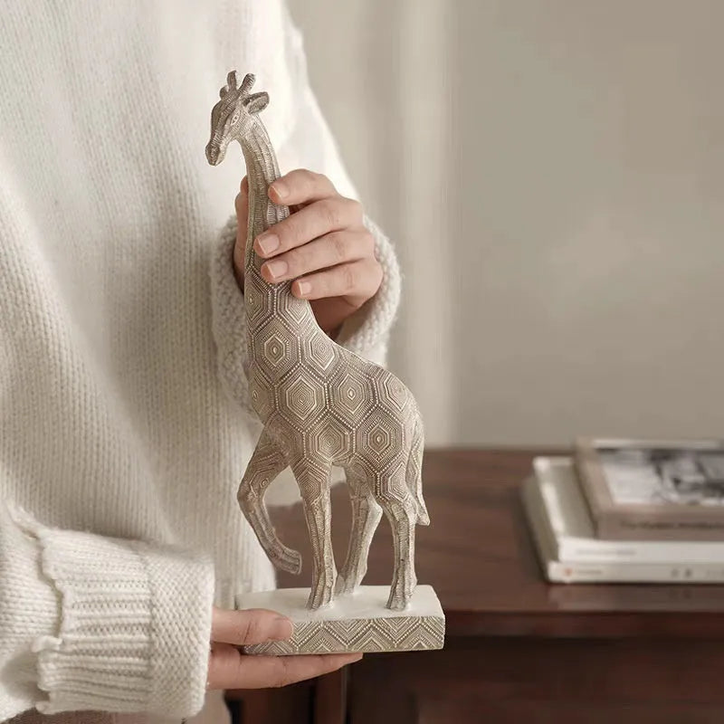 Wood colour synthetic resin giraffe ornament on a shelf, measuring 30.5 cm tall.