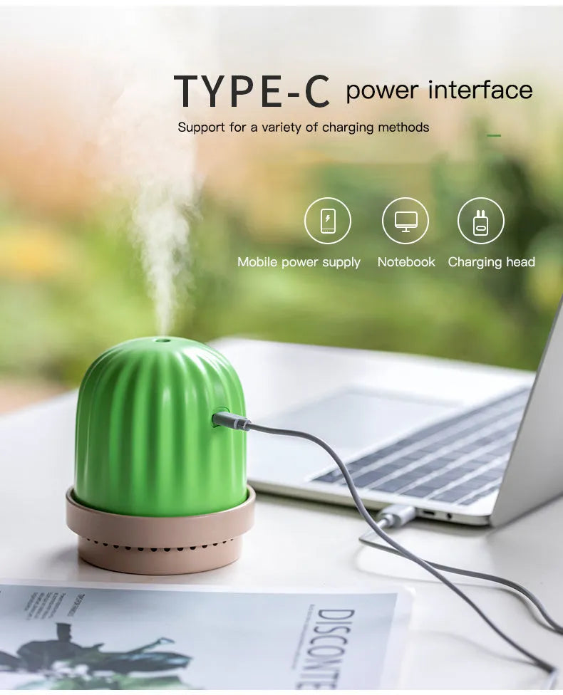 Cactus humidifier night light in green with colourful glow, 260ml tank, USB model