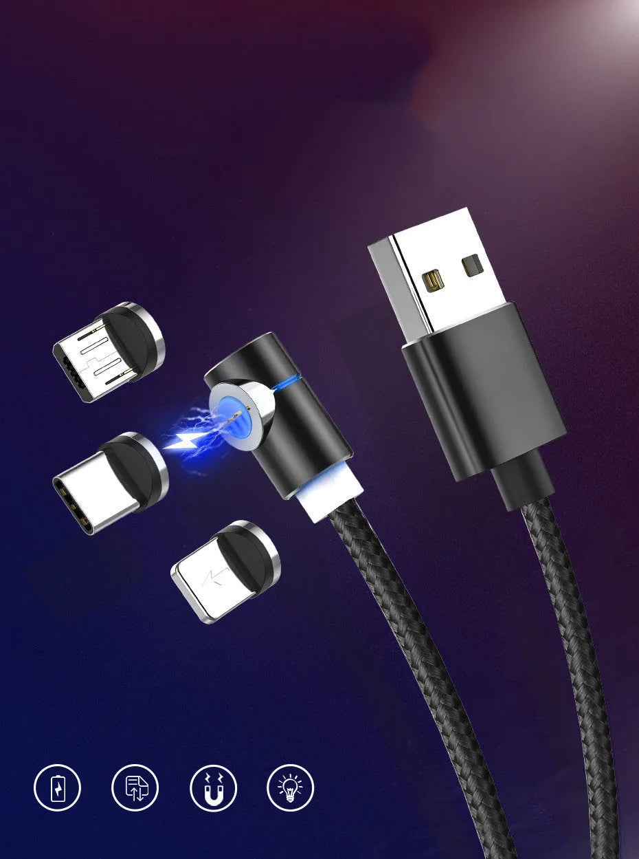 Magnetic LED charging cable with 90-degree rotating connector, aluminium alloy housing, 1 metre, black